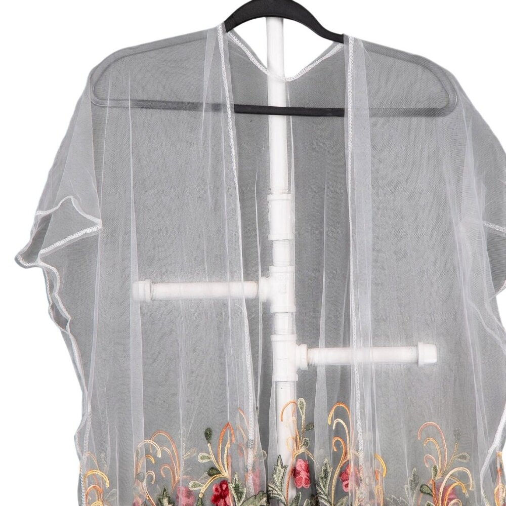 Sheer Floral Kimono Duster Cardigan One Size NEW Embroidered White Green Pink - Picture 2 of 7